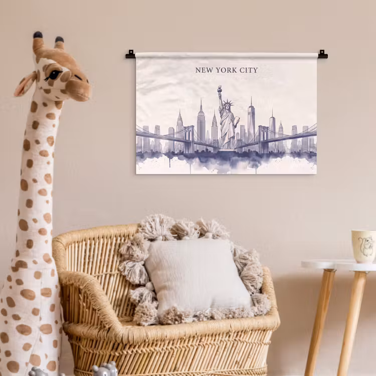 New York - Vrijheidsbeeld - Skyline - Illustratie - Blauw Wandkleed katoen klein -wsfeer5_kind