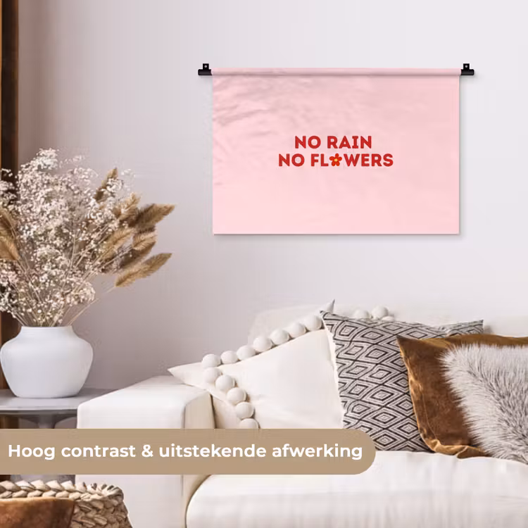 No rain no flowers - Minimalistisch - Roze - Bloem Wandkleed katoen klein -sfeer1