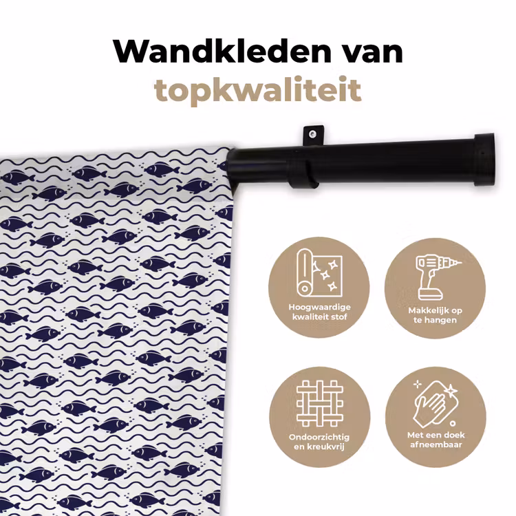 Oceaan - Visachtig - Blauw - Wit Wandkleed katoen klein 269 -sfeer2