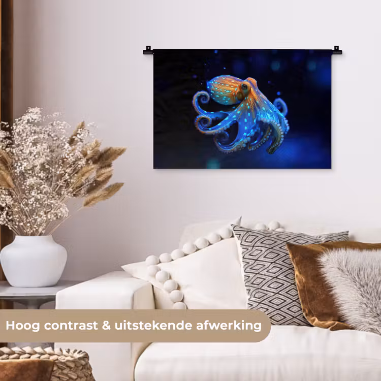 Octopus - Stippen - Blauw - Zee Wandkleed katoen klein -sfeer1