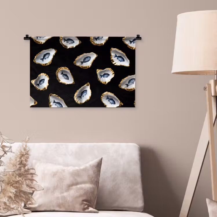 Oesters - Vissen - Blauw - Goud Wandkleed katoen klein -sfeer4