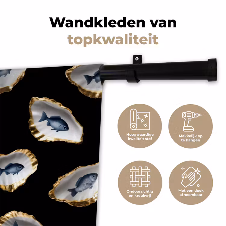 Oesters - Vissen - Blauw - Goud Wandkleed katoen klein -sfeer2