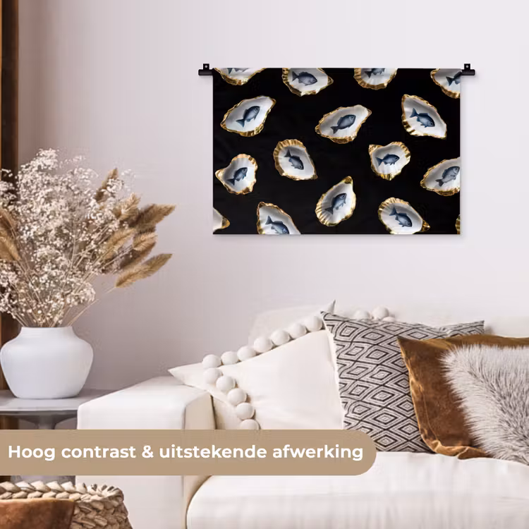 Oesters - Vissen - Blauw - Goud Wandkleed katoen klein -sfeer1