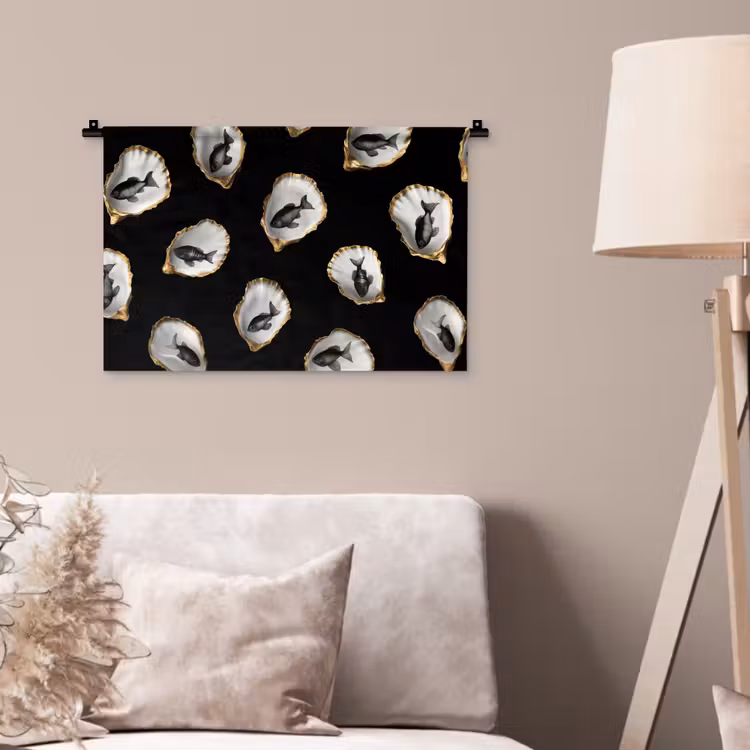 Oesters - Zwart - Vissen - Goud Wandkleed katoen klein -sfeer4