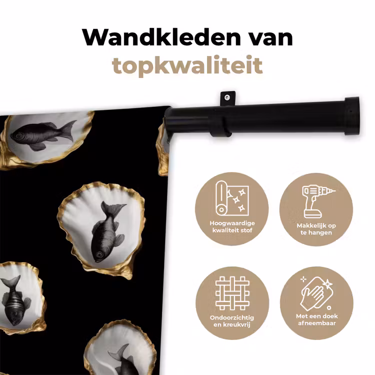 Oesters - Zwart - Vissen - Goud Wandkleed katoen klein -sfeer2