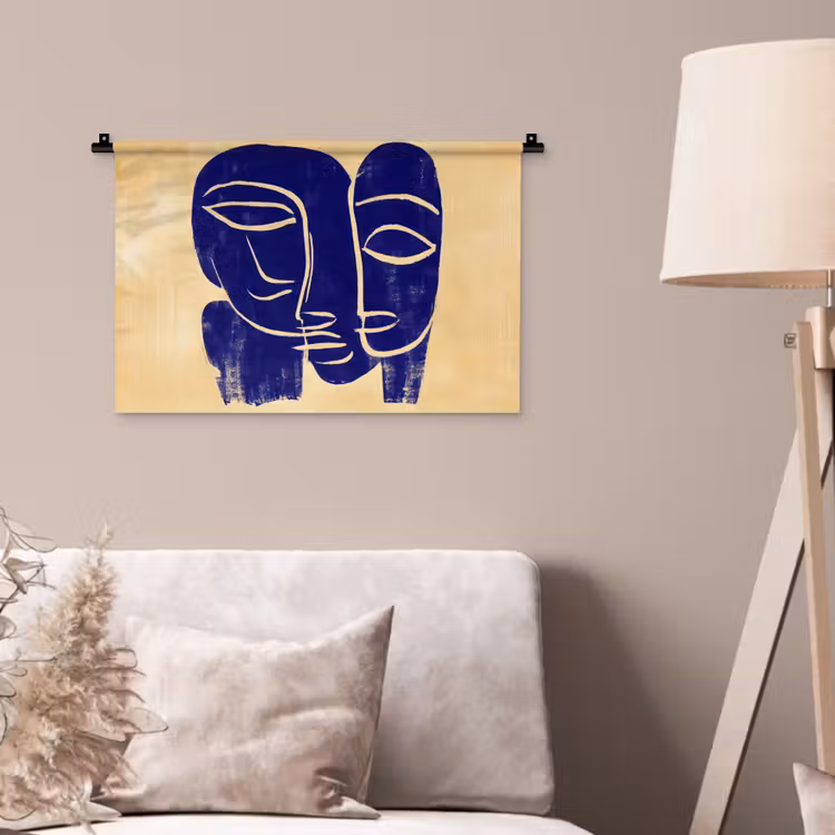 Okergeel - Blauw - Eenvoudige lijnen Wandkleed katoen klein -sfeer4