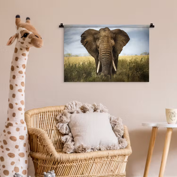 Olifant - Natuur - Gras - Dieren - Landschap Wandkleed katoen klein -wsfeer5_kind