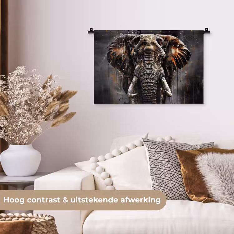 Olifant - Watercolor - Wilde dieren - Luxe Wandkleed katoen klein -sfeer1