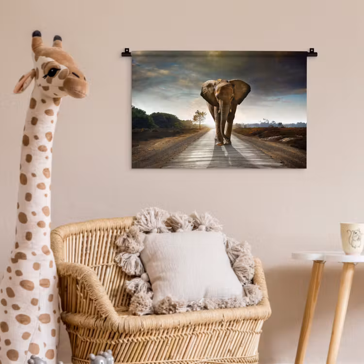 Olifant - Weg - Dieren - Zonsondergang - Landschap Wandkleed katoen klein -wsfeer5_kind