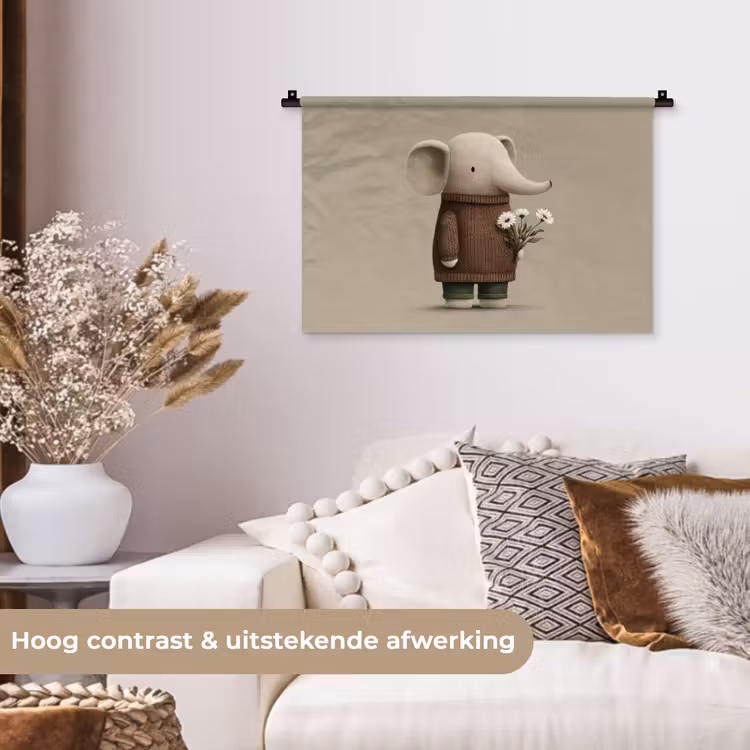 Olifant - Witte bloemen - Kindvriendelijk Wandkleed katoen klein -sfeer1