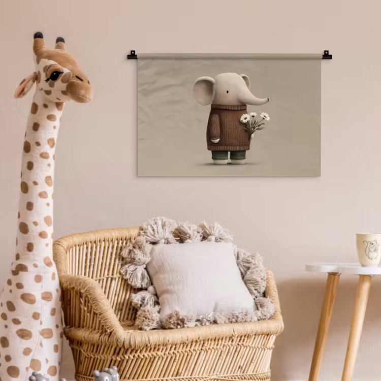 Olifant - Witte bloemen - Kindvriendelijk Wandkleed katoen klein -wsfeer5_kind
