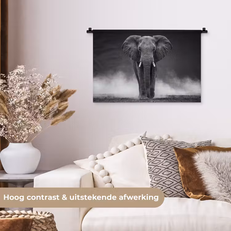 Olifant - Zwart - Wit - Rook Wandkleed katoen klein -sfeer1