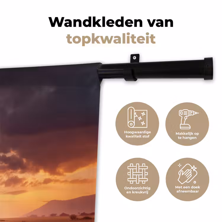 Olifanten - Grasland - Zonsondergang Wandkleed katoen klein -sfeer2