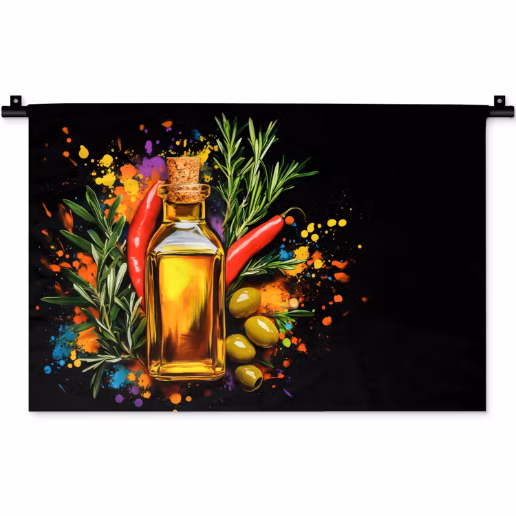 Olijfolie - Graffiti - Peper - Olijven - Modern Wandkleed katoen klein -zz3d