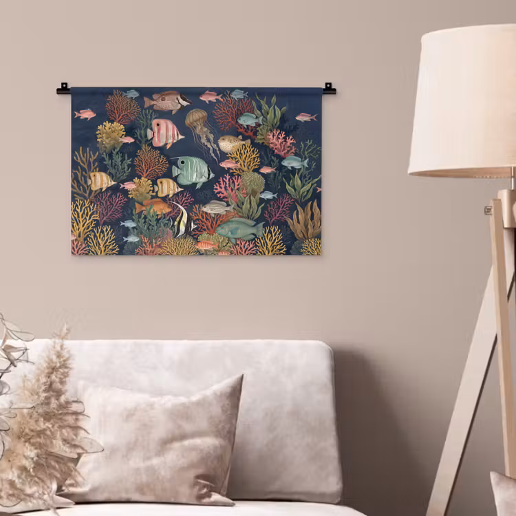 Onderwaterwereld - Vissen - Koraal - Illustratie - Kleurrijk Wandkleed katoen klein -sfeer4