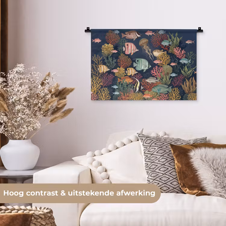 Onderwaterwereld - Vissen - Koraal - Illustratie - Kleurrijk Wandkleed katoen klein -sfeer1