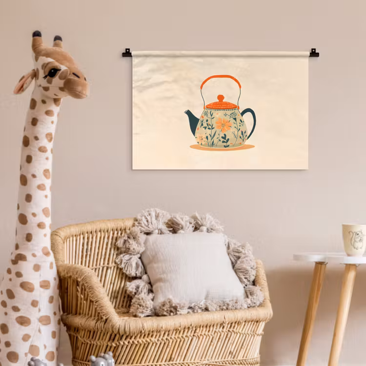 Oranje - Theepot - Bloemen - Bladeren Wandkleed katoen klein -wsfeer5_kind