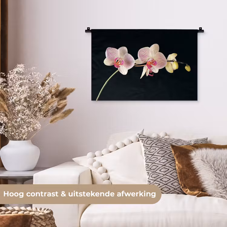 Orchidee - Bloemen - Zwart - Roze - Knoppen Wandkleed katoen klein -sfeer1