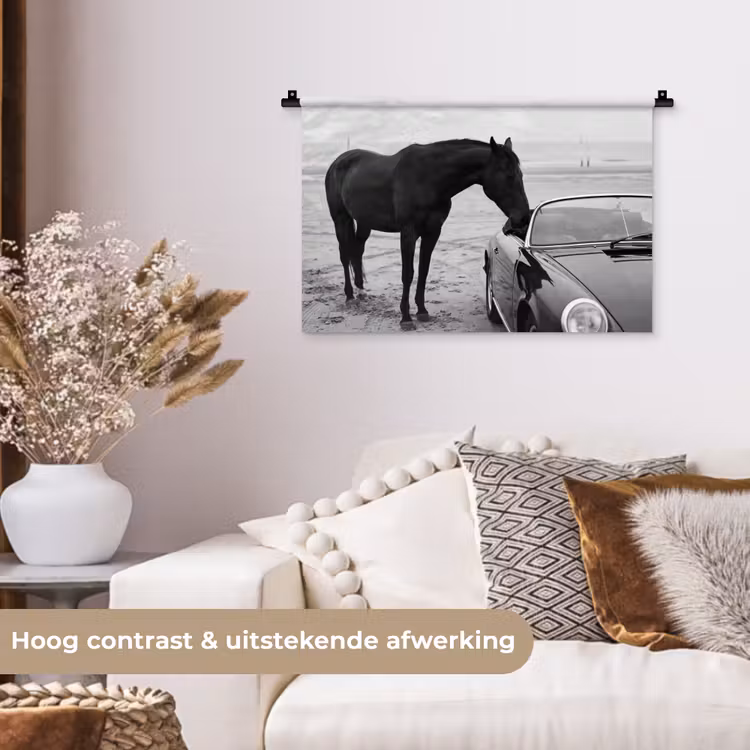 Paard - Auto - Zwart - Wit Wandkleed katoen klein -sfeer1