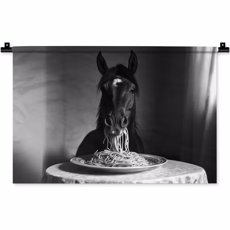 Paard - Bord - Pasta - Tafelkleed - Zwart Wit - Dieren Wandkleed katoen klein -zz3d