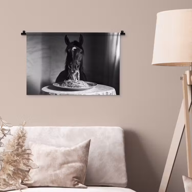 Paard - Bord - Pasta - Tafelkleed - Zwart Wit - Dieren Wandkleed katoen klein -sfeer4