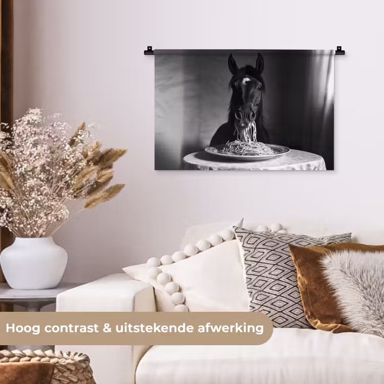 Paard - Bord - Pasta - Tafelkleed - Zwart Wit - Dieren Wandkleed katoen klein -sfeer1