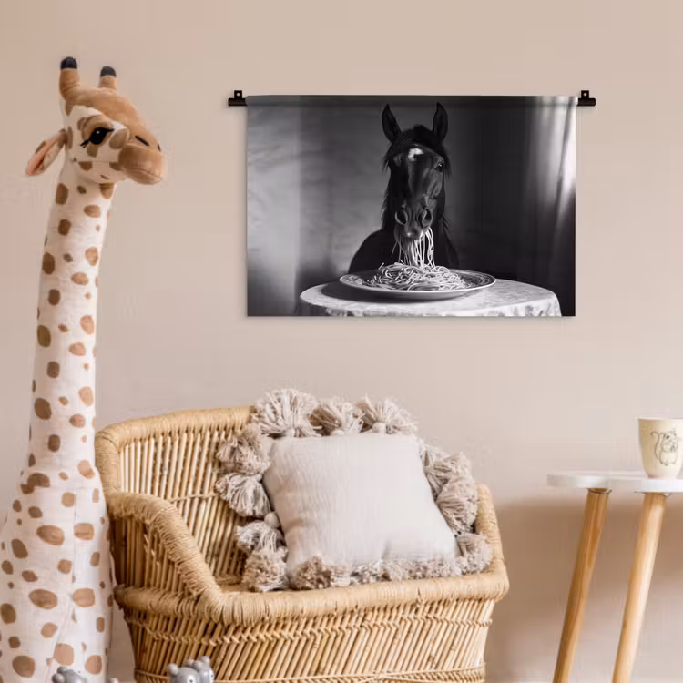 Paard - Bord - Pasta - Tafelkleed - Zwart Wit - Dieren Wandkleed katoen klein -wsfeer5_kind