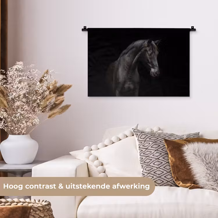 Paard - Dieren - Zwart - Portret Wandkleed katoen klein -sfeer1