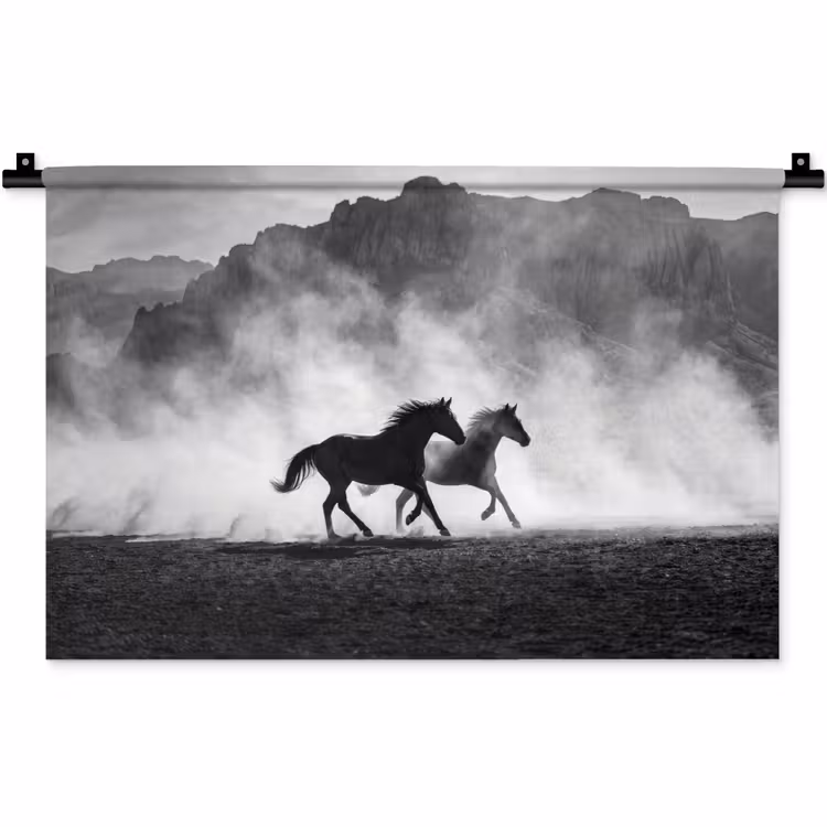 Paard - Ren - Stof - Zwart-wit - Dieren Wandkleed katoen klein -zz3d