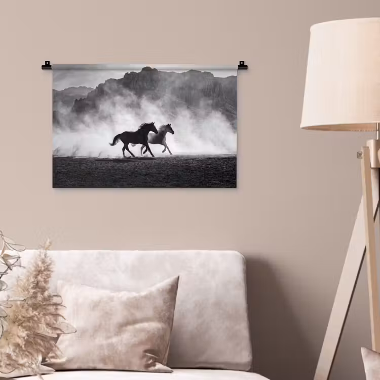 Paard - Ren - Stof - Zwart-wit - Dieren Wandkleed katoen klein -sfeer4