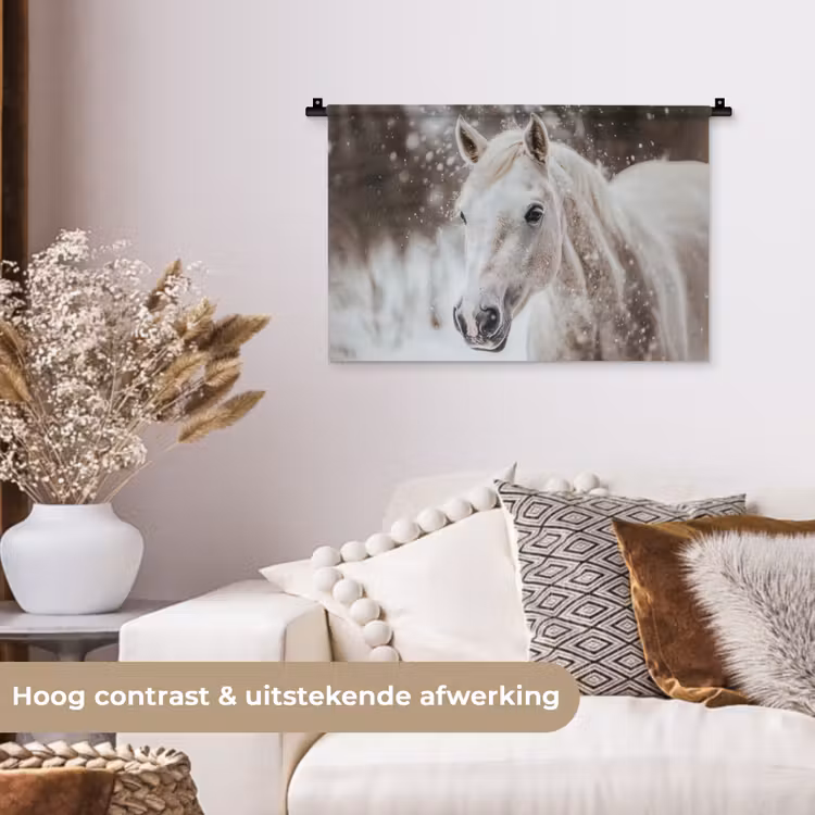 Paard - Wit - Winter - Natuur - Sneeuw - Dieren Wandkleed katoen klein -sfeer1