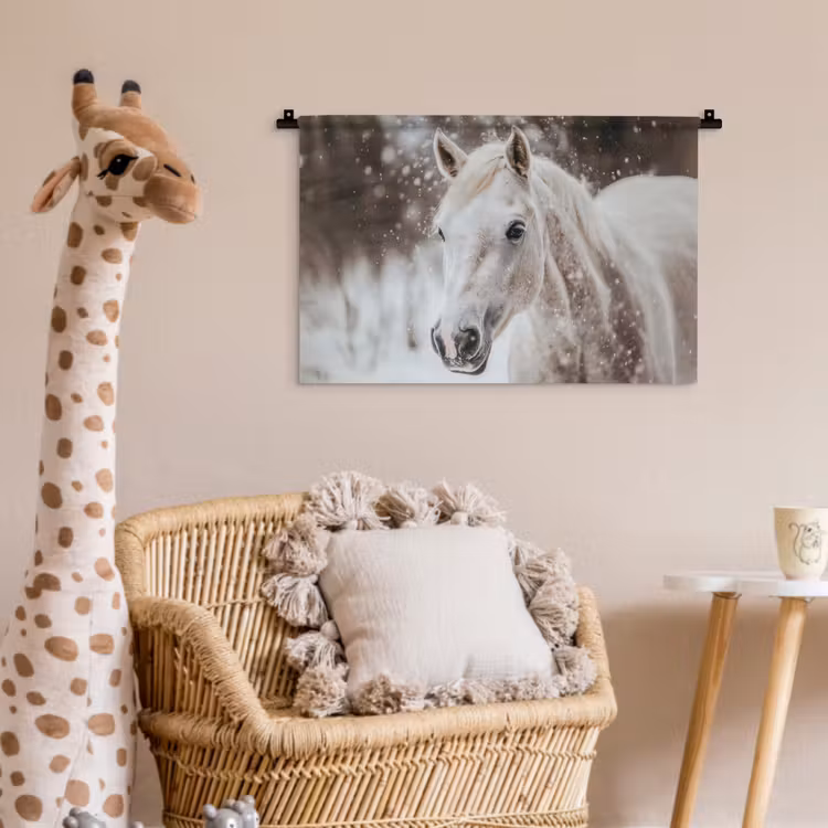Paard - Wit - Winter - Natuur - Sneeuw - Dieren Wandkleed katoen klein -wsfeer5_kind