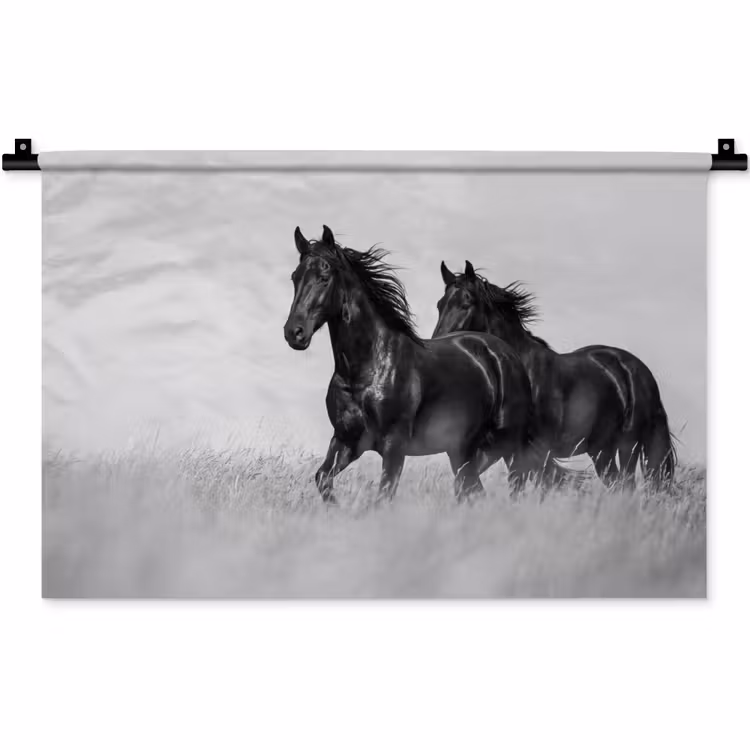Paarden - Gras - Zwart - Wit Wandkleed katoen klein -zz3d