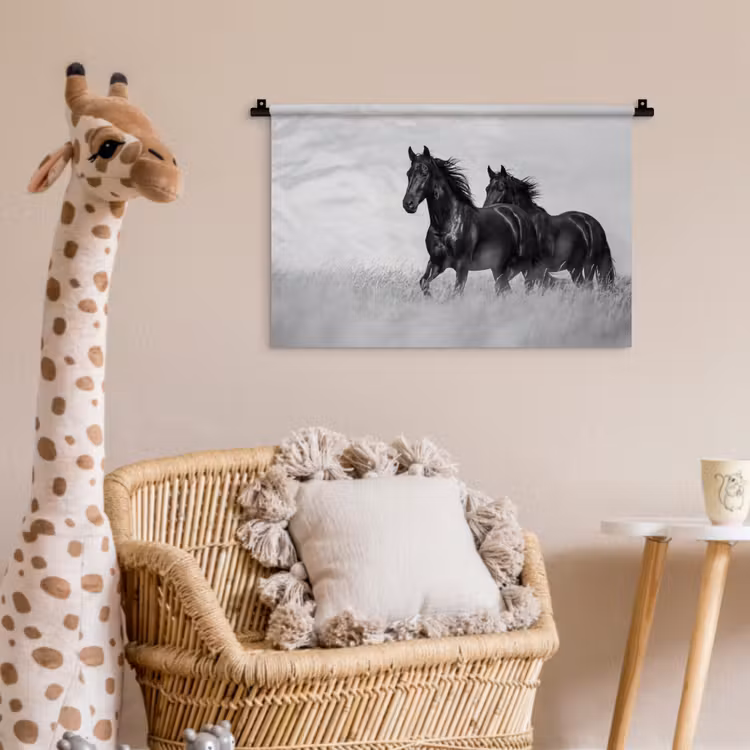 Paarden - Gras - Zwart - Wit Wandkleed katoen klein -wsfeer5_kind
