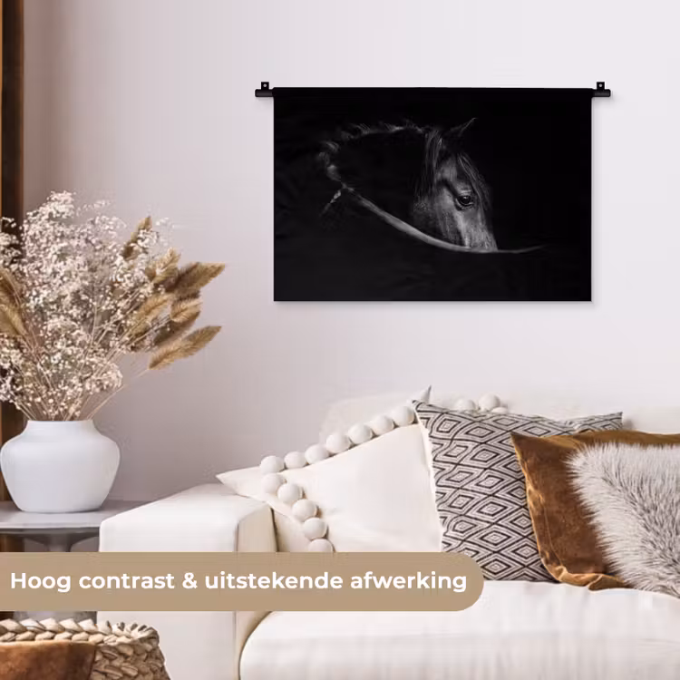 Paarden - Portret - Zwart - Dieren Wandkleed katoen klein -sfeer1