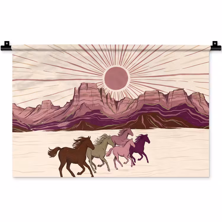 Paarden - Rennend - Woestijn - Natuur - Abstract Wandkleed katoen klein -zz3d
