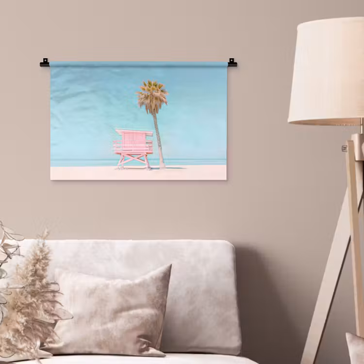 Palmboom - Strandhuis - Roze Wandkleed katoen klein -sfeer4