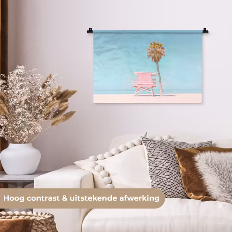 Palmboom - Strandhuis - Roze Wandkleed katoen klein -sfeer1