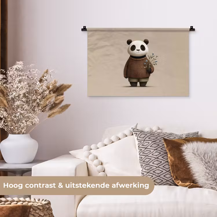 Panda - Blauwe bloemen - Zachtheid Wandkleed katoen klein -sfeer1