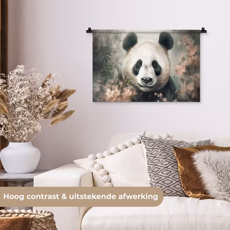 Panda - Dieren - Bloemen - Planten Wandkleed katoen klein -sfeer1