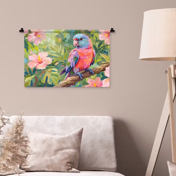 Papagaai - Hibiscusbloemen - Kleurrijk Wandkleed katoen klein -sfeer4