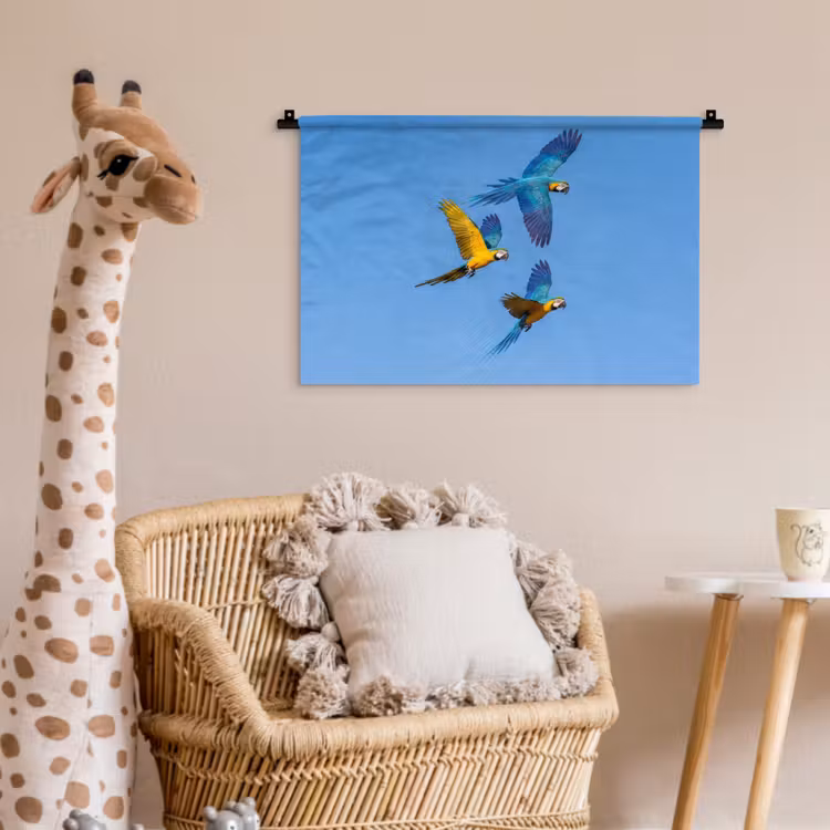 Papagaai - Vliegen - Blauw - Geel Wandkleed katoen klein -wsfeer5_kind