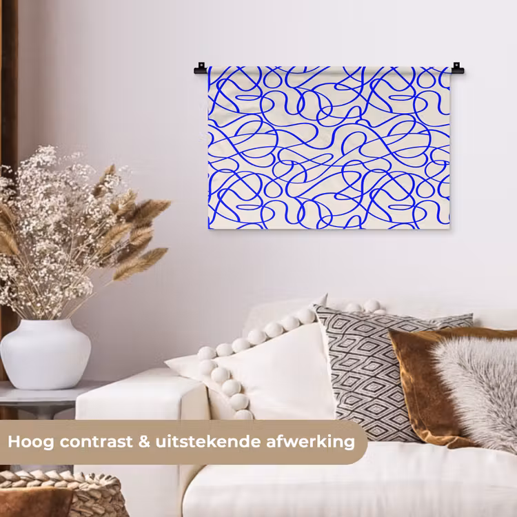 Patronen - Beige - Blauw - Lijnen Wandkleed katoen klein 269 -sfeer1