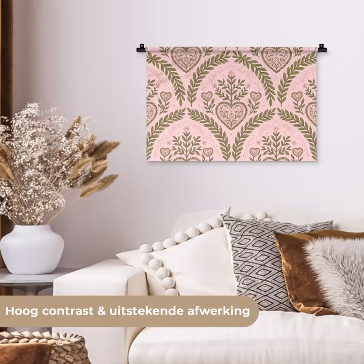 Patroon - Hart - Bloemen - Folkloristisch - Roze Wandkleed katoen klein -sfeer1