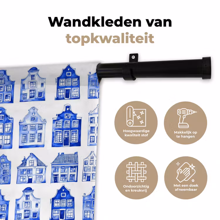 Patroon - Huizen - Blauw Wandkleed katoen klein 269 -sfeer2