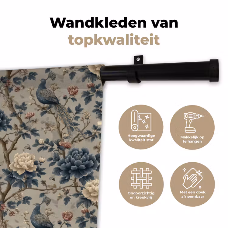 Pauw - Bloemen - Blauw Wandkleed katoen klein 269 -sfeer2