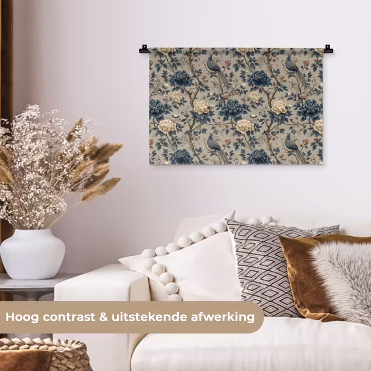 Pauw - Bloemen - Blauw Wandkleed katoen klein 269 -sfeer1