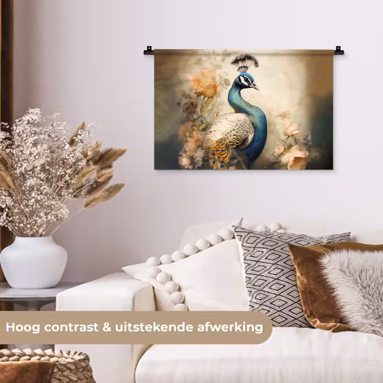 Pauw - Pauwenveren - Bloemen - Vogels - Botanisch Wandkleed katoen klein -sfeer1