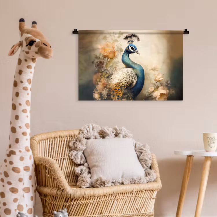 Pauw - Pauwenveren - Bloemen - Vogels - Botanisch Wandkleed katoen klein -wsfeer5_kind