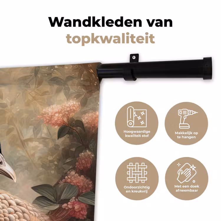 Pauw - Vogel - Bloemen - Planten - Pauwenveren Wandkleed katoen klein -sfeer2